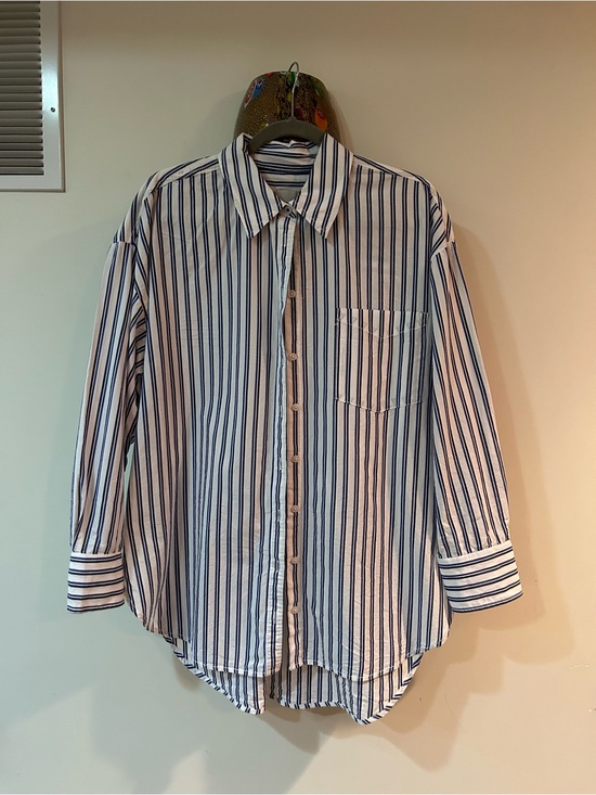 Maeve Tops - Maeve White and Blue Vertical Stripe Button-Up Blouse. Worn once